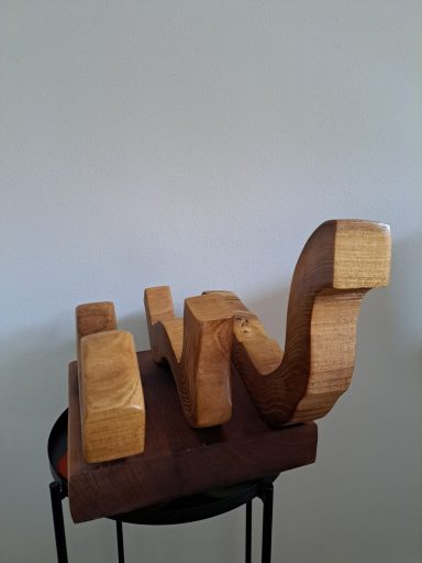 Wave Houten sculptuur met abstracte vormen, geplaatst op een donkere ondergrond.